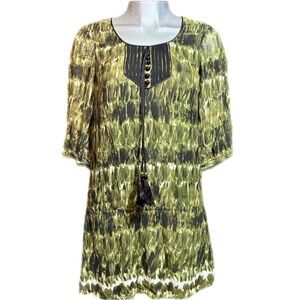 Kensie Forest-Fairy Green/Black Silk Shift Mini Dress Boho Loose Whimsigoth 70’s